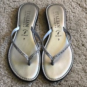 silver flip flops with crystal design